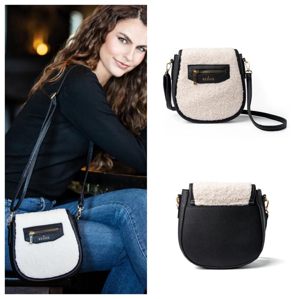 Kedzie Fireside Camden Faux Sherpa Mini Crossbody Messanger Bag Black